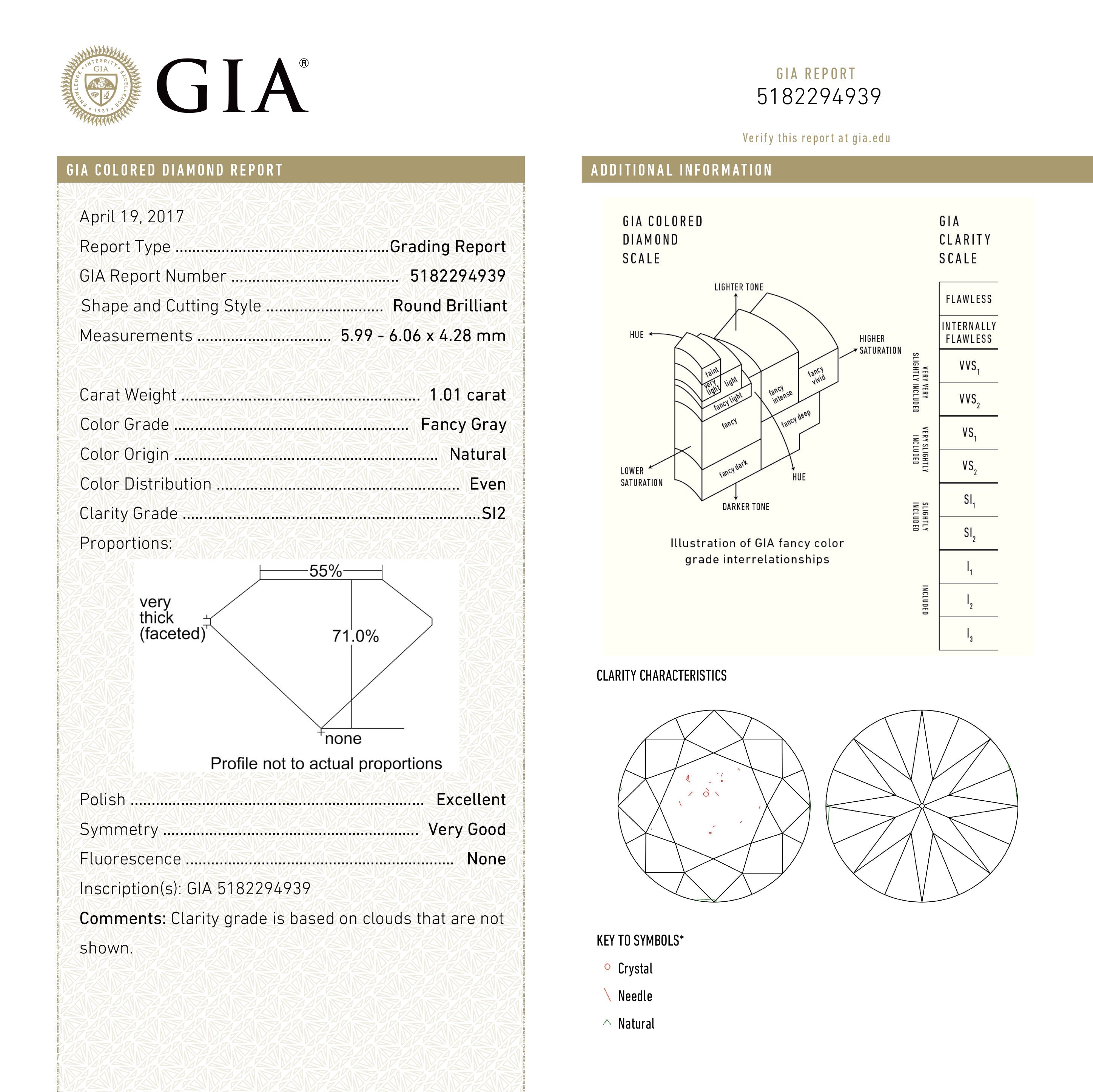 1.01ct 6.06x5.99x4.28mm GIA SI2 Faint Grey Round Brilliant 19001-01 - Misfit Diamonds