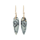 Grey Maligano Jasper Elongated Tear Drop Earrings 14K Yellow Gold