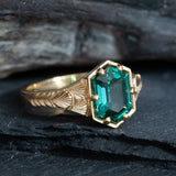 1.34ct Lagoon Blue Tourmaline Sculpted and Engraved Ring 14K Yellow Gold